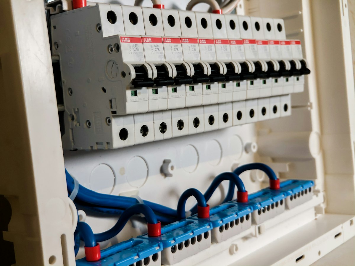 Circuit breakers and wiring inside a domestic distribution board